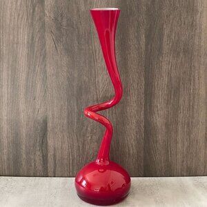 Normann Copenhagen Denmark Vintage Red Cased Glass Corkscrew Swing Vase 16"